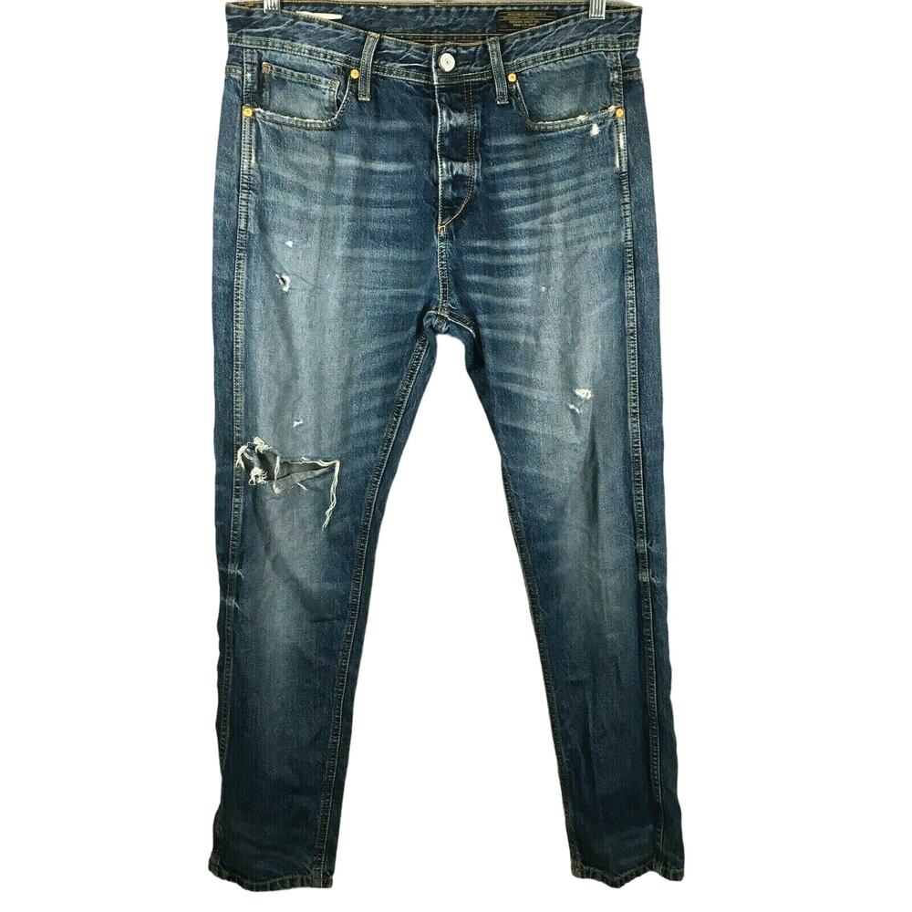 Jack & Jones Jeans Mens Sz 34 Medium Wash Erik Anti Fit Straight Leg Distressed